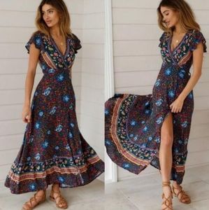 Bohemian Floral Tribal Print Maxi Long Wrap Dress